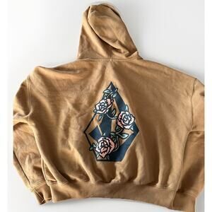 Volcom Women’s Cropped Zip Hoodie Brown Tan Roses Graphic Sz M Skater Y2K